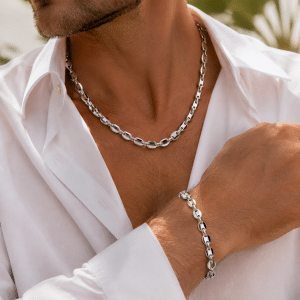 Parure Homme – Grains de Café Argenté