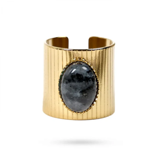 Bague Eva – Acier Doré & Labradorite Naturelle