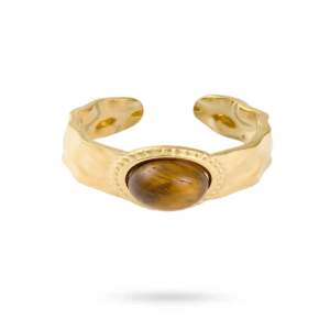 Bague Force – Acier Doré Martelé & Œil de Tigre