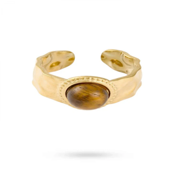 Bague Force – Acier Doré Martelé & Œil de Tigre