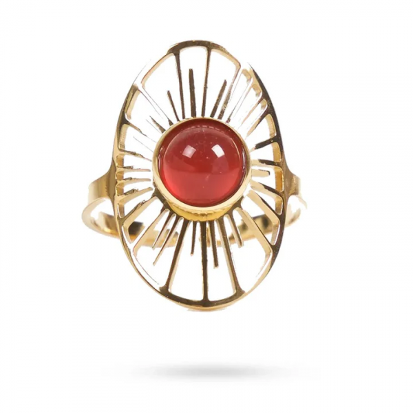 Bague Soleil – Acier Doré et Agate Rouge