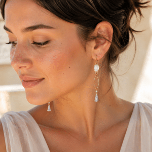 Boucles d’Oreilles Acier Doré, Gemme Blanche et Pompon