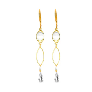 Boucles d’Oreilles Acier Doré, Gemme Blanche et Pompon