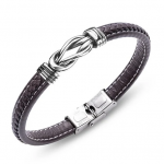 Bracelet Homme Acier Et Cuir Noir - Fermoir Magnétique Motif Croix Argenté 20,5cm