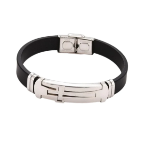Bracelet Homme Croix – Cuir Noir et Acier