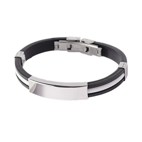 Bracelet Homme Cuir Noir Et Acier Inoxydable - Fermoir Magnétique - 21,5 Cm