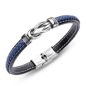 Bracelet Homme – Cuir Bleu & Acier Entrelacé