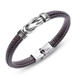 Bracelet Homme – Cuir Marron & Acier Entrelacé