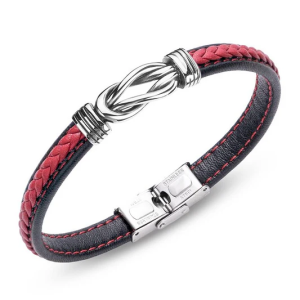 Bracelet Homme – Cuir Rouge & Acier Entrelacé