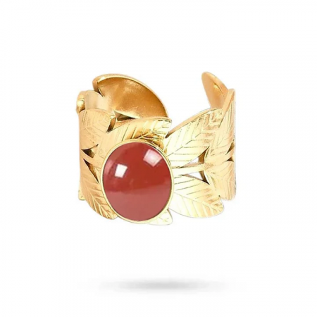 Bague Acier Doré Agate Rouge