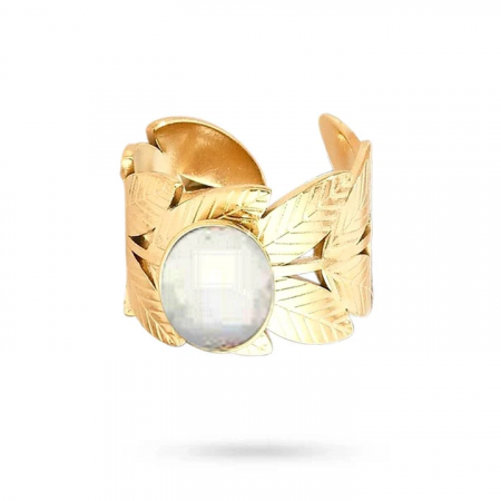 Bague Acier Inoxydable Feuilles Dorées Pierre de lune