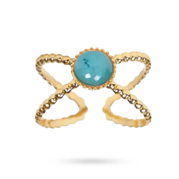 Bague Double Rangs – Acier Inoxydable Doré & Apatite Naturelle