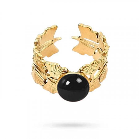 Bague Femme Acier Inoxydable Feuilles Dorées et Agate noire