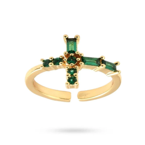 Bague Femme – Croix Zirconiums Verts, Plaqué Or