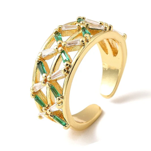 Bague Femme Entrelacs de Zirconiums Verts, Plaqué Or