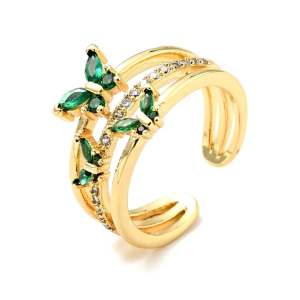 Bague Femme – Papillons CZ Verts, Plaqué Or