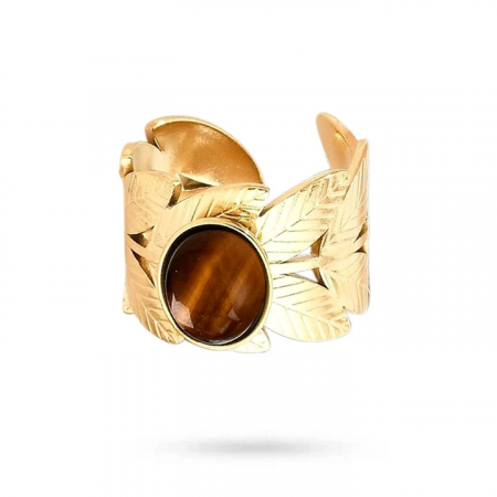 Bague Feuille Dorée Pierre Naturelle Oeil de Tigre