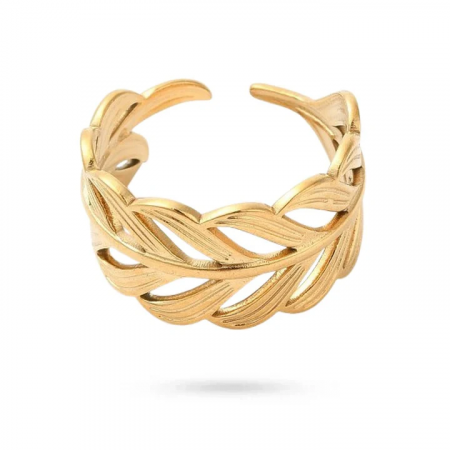 Bague Feuille Tressée – Acier Inoxydable Doré