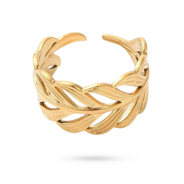 Bague Feuille Tressée – Acier Inoxydable Doré