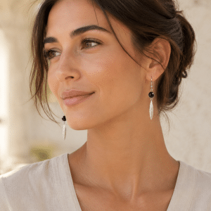 Boucles d’Oreilles Femme Acier & Agate Noire Naturelle