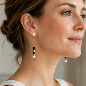 Boucles d’Oreilles Pendantes Agate Noire & Perle Nacrée
