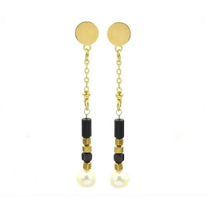 Boucles d’Oreilles Pendantes Agate Noire & Perle Nacrée