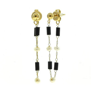 Boucles d’Oreilles Pendantes Agate noire & Perles nacrées