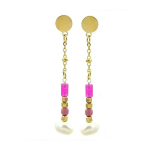 Boucles d’Oreilles Pendantes – Rhodonite & perle baroque