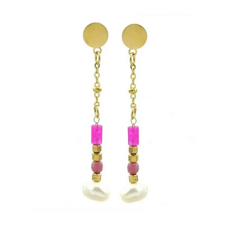 Boucles d’Oreilles Pendantes – Rhodonite & perle baroque