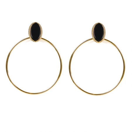 Boucles d’oreilles Femme Créoles Agate Noire & Acier Doré