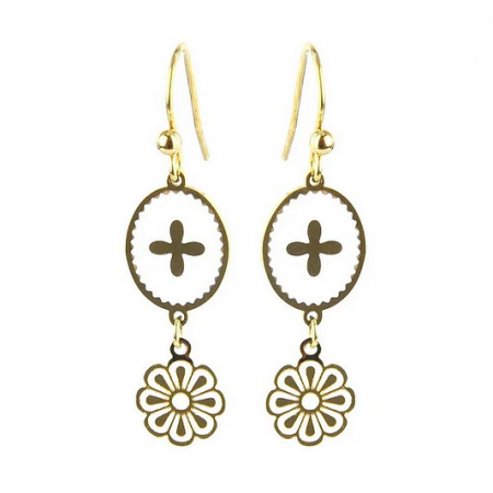 Boucles d’oreilles pendantes dorées Émail blanc chaînette fleurie