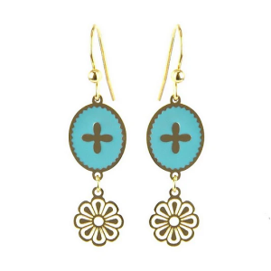 Boucles d’oreilles pendantes dorées Émail bleu motif floral