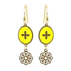 Boucles d’oreilles pendantes dorées Émail jaune motif floral