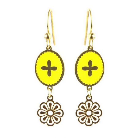 Boucles d’oreilles pendantes dorées Émail jaune motif floral