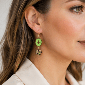 Boucles d’oreilles pendantes dorées Émail vert fleur stylisée portées par une femme