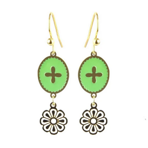 Boucles d’oreilles pendantes dorées Émail vert fleur stylisée