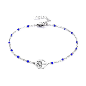 Bracelet Femme Arbre de Vie & Mailles Bleues, Acier Inoxydable