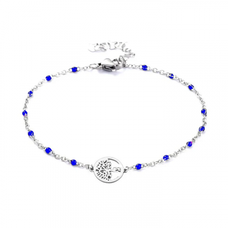 Bracelet Femme Arbre de Vie & Mailles Bleues, Acier Inoxydable