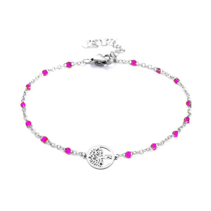 Bracelet Femme Arbre de Vie & Mailles Fuchsia, Acier Inoxydable