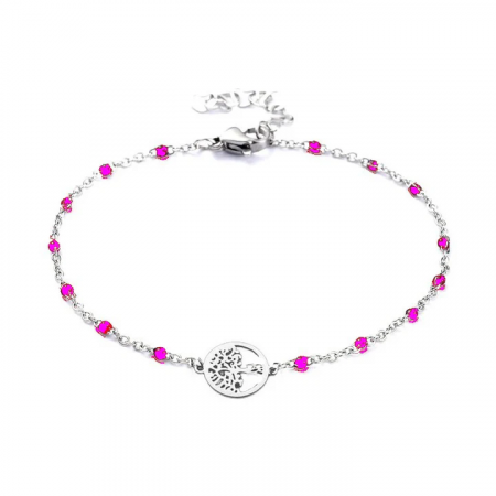 Bracelet Femme Arbre de Vie & Mailles Fuchsia, Acier Inoxydable