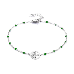 Bracelet Femme Arbre de Vie & Mailles Vertes, Acier Inoxydable