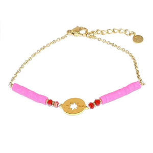 Bracelet Femme Disque Etoile, Jaspe Rouge Gomme Fuchsia