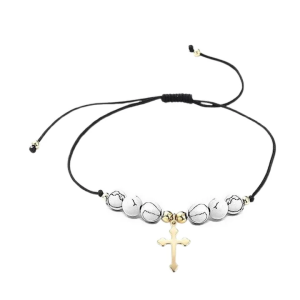 Bracelet Femme Fil Nylon Noir Croix Pierre Naturelle Howlite