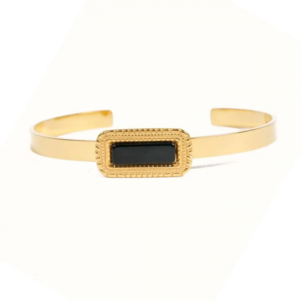 Bracelet Jonc Agate Noire – Acier Doré