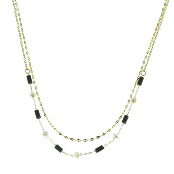 Collier Double Chaîne Acier Doré Agate et Nacre