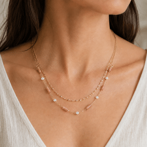 Collier Double Rang Rhodonite et Nacre porté par une femme
