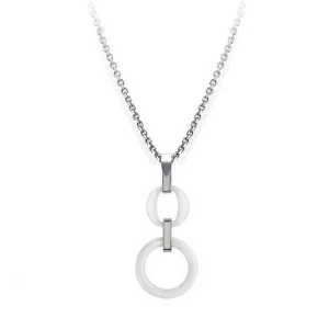 Collier Femme Acier & Céramique Blanche, Double Cercles