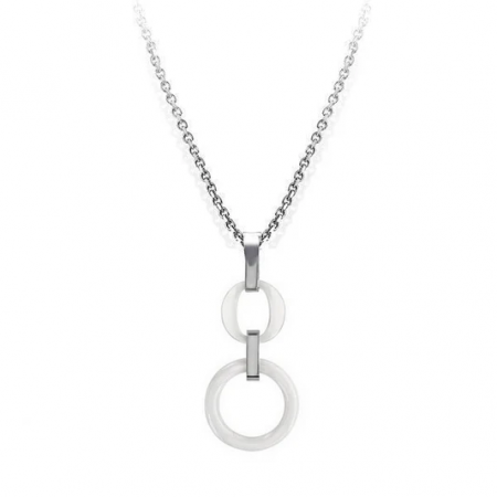 Collier Femme Acier & Céramique Blanche, Double Cercles