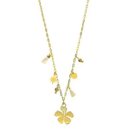 Collier Femme Pendentif Fleur Pierre Naturelle Oeil de Tigre