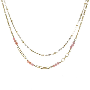 Collier Femme – Double rangs en acier & rhodonite naturelle